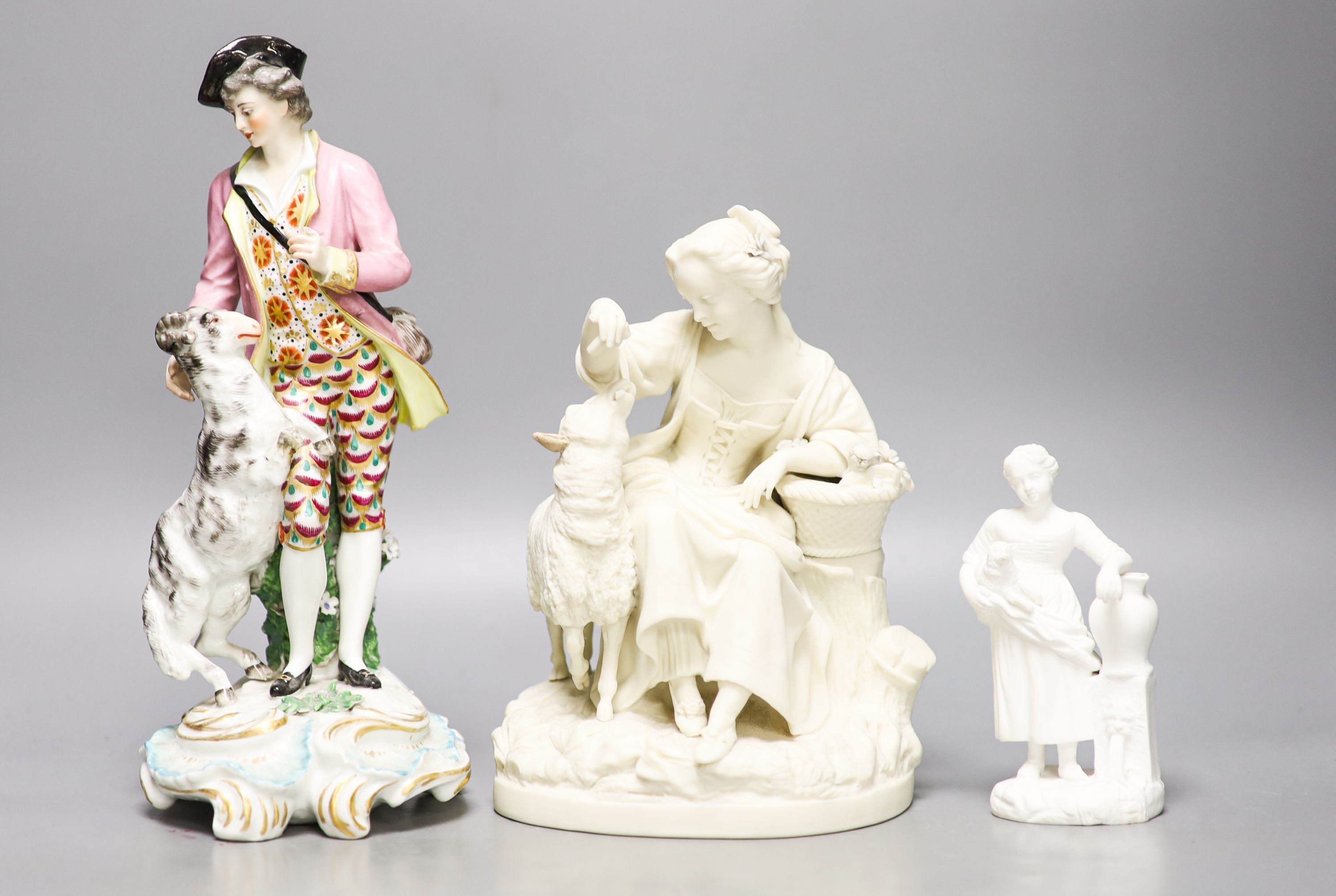A Samuel Alcock parian group of a maid and sheep, a similar Minton biscuit group and a Samson porcelain group in Derby style Tallest 27cm